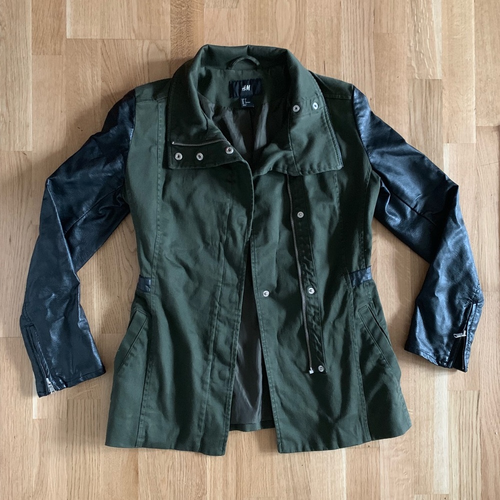 H&M Olive Green/Black Leather Utility Army Jacket